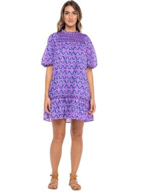 BANJANAN Nicole Dress, Surreal smocked purple Ikat puff sleeves